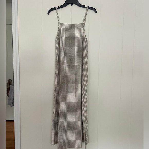 Natural/White Gingham Midi-Dress with Square Neck & Side Slit - Linen & Cotton - Picture 4 of 9